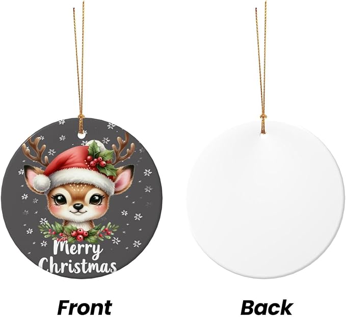 Christmas Happy Deer Christmas Ornaments, Christmas Decorations Xmas Tree Hanging Ornaments, Round Ceramic Festive Keepsake Gift for Xmas Decorations Holiday Home Decor