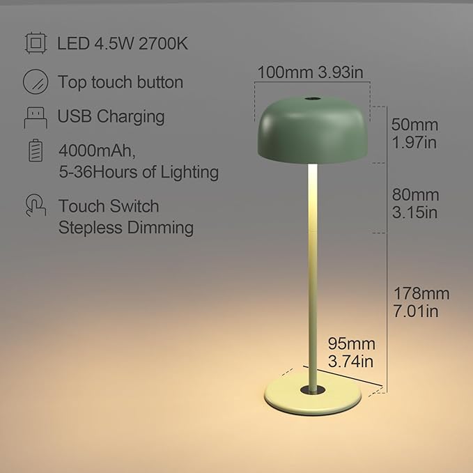 3-Height Adjustable Cordless LED Table Lamp (11.6"/8.66"/5.12") - Rechargeable Touch Control Desk Light with 2700K Warm Lighting, USB Powered for Bedroom, Camping & Romantic Dinners (Green)