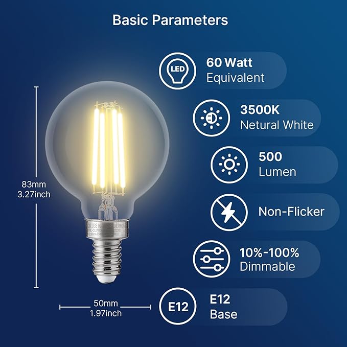 FLSNT 60W Equivalent LED Globe Candelabra Bulbs, Dimmable G16.5 LED E12 Chandelier Light Bulbs, 500LM, CRI82, 4W, AC 120V, 12 Pack, 3500K Netural White