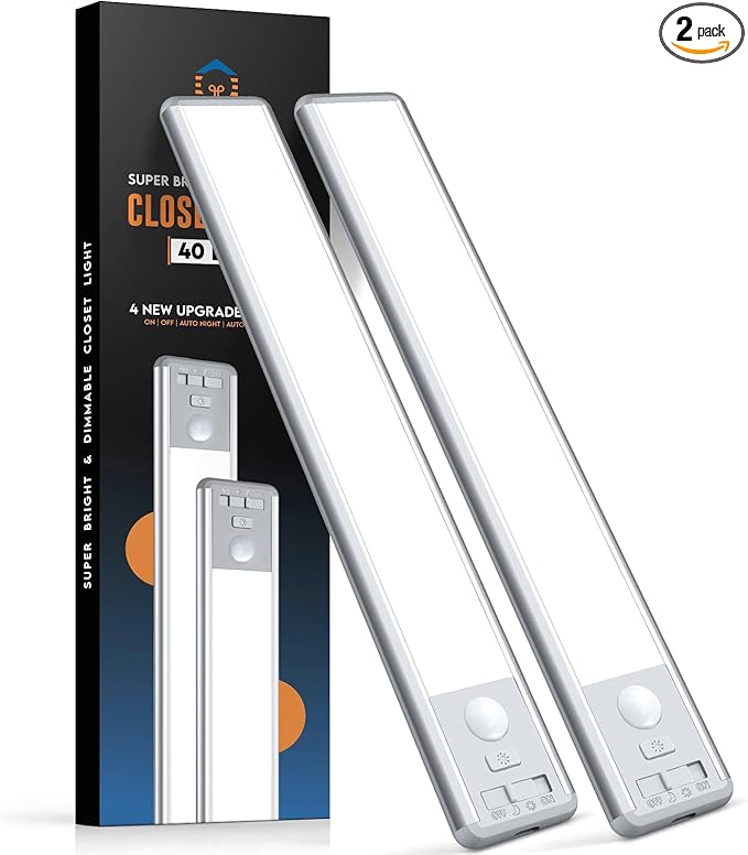 BLS 10inch Under Cabinet Lights, 40 LED Closet Lights, Motion Sensor Light Indoor, Battery Operated Lights, 1800mah USB C Rechargeable Under Cabinet Lighting, Magnetic Night Light for Kitchen (2 Pack)