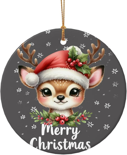 Christmas Happy Deer Christmas Ornaments, Christmas Decorations Xmas Tree Hanging Ornaments, Round Ceramic Festive Keepsake Gift for Xmas Decorations Holiday Home Decor