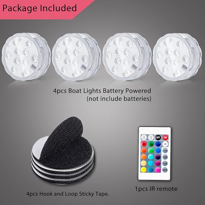 Boat Lights Wireless, Battery Powered Operated Marine Led Interior Light for Boat Deck Courtesy Light, for Fishing Pontoon Sailboat Kayak, Remote Control Multi Color Changing, RGB, 4PCS