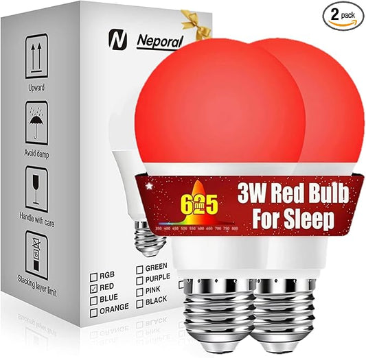 Neporal 625nm 3W Red Light Bulbs for Sleep, 100% Blue Light Blocking Light Bulbs for Melatonin Promoting, A19 LED 40W Equivalent Dim Red Night Light Bulb for Baby Nursery, Sleeping, Reading, 2-Pack