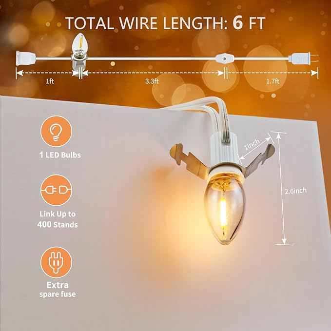 2-Pack Accessory Cord with 2 C7 LED Night Light Bulb, Candelabra-Base E12 Socket White Cord with On/Off Switch Plugs, for Holiday Decorations, Christmas Village House, Pumpkin Lights