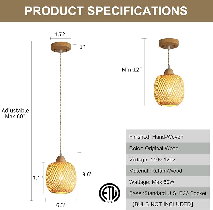 Bamboo Pendant Light Fixture, 1-Light Handmade Woven Pendant Lighting, with Adjustable Rustic Basket, for Kitchen Island Farmhouse Dining Room Living Room, ETL Listed
