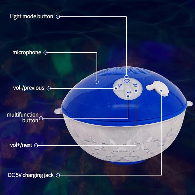 Blufree Bluetooth Pool Speaker with Colorful Light, Portable Floating Pool Speaker IP68 Waterproof,Built-in Mic, Floatable Crystal Clear Sound Wireless Bluetooth Hot Tub Speakers for Pools Spa Outdoor