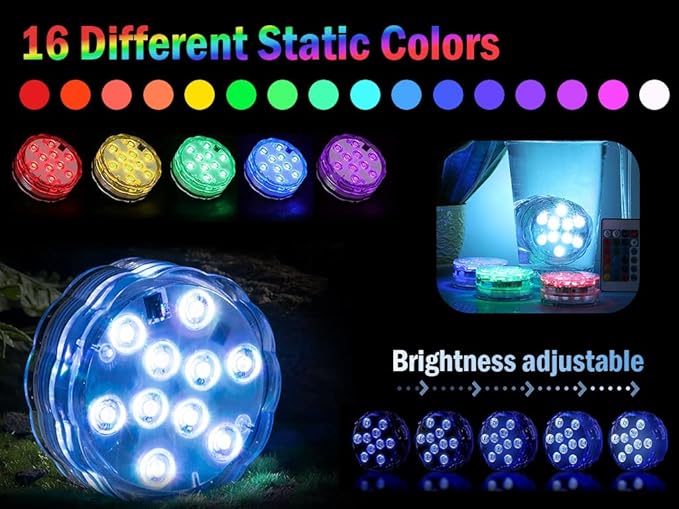 Submersible LED Lights, 4PCS Waterproof Underwater Remote Controlled Battery Operated Wireless, Multicolor Submersible Led Lights for Christmas, Pond, Party, Wedding, Vase Base Decorations