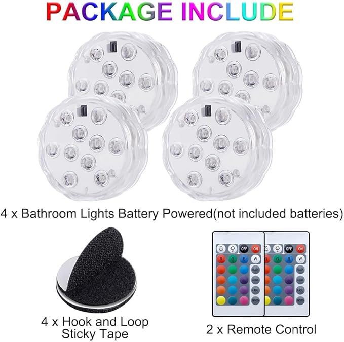 Waterproof Bathroom Shower Lights Wireless，RGB Color LED Nightlight Battery Operated,Cool Stuff for Bathroom Accessories Decor, Room Ambient Lighting（Battery Not Included）