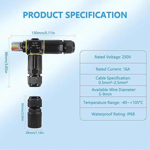 3PCS IP68 Waterproof Electrical Cable Connector, Outdoor 2 Pin T Shape Junction Box, Electrical Wire Connector for 5-9mm Wire Range