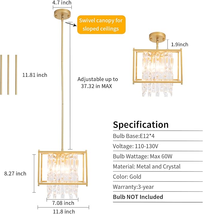 Gold Crystal Chandelier Industrial Pendant Light 11.81 inch Square 4 Lights Modern Vintage Semi Flush Mount Ceiling Light Fixture for Kitchen Island Dining Room Living Room Bedroom