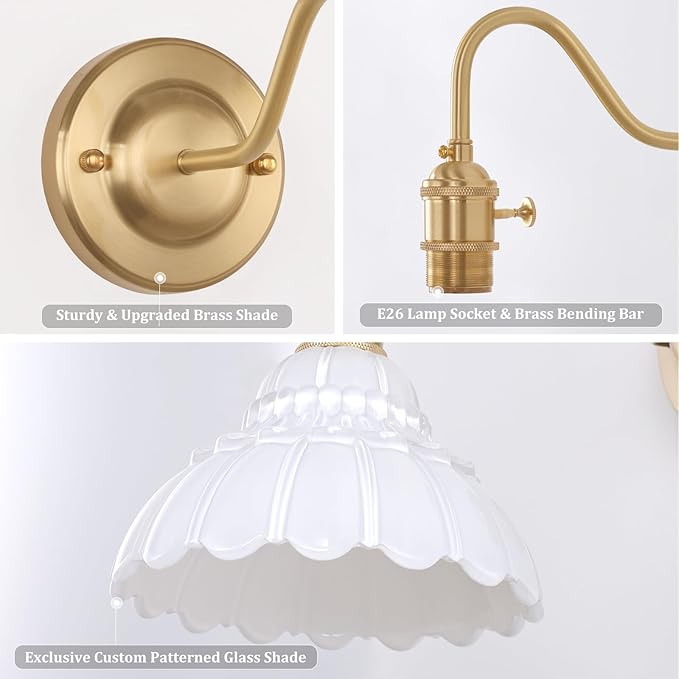Battery Operated Wall Sconce, Vintage Rechargeable Wall Lights with White Lily Glass Shade, Wireless Indoor Wall Lamp for Bedroom Living Room Bathroom Hallway