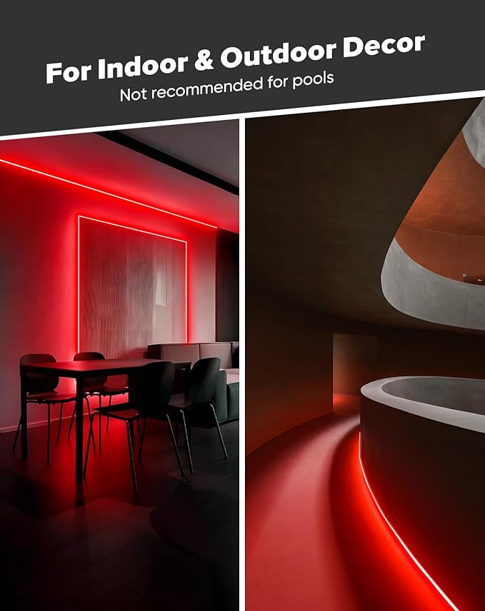 Shine Decor COB LED Rope Light AC 120V, 800lm Ultra Bright, IP65 Waterproof Cold-Resistant ETL Neon Strip, No Driver Tape Lighting for Home Commercial 10x4.5mm, Red, 50ft