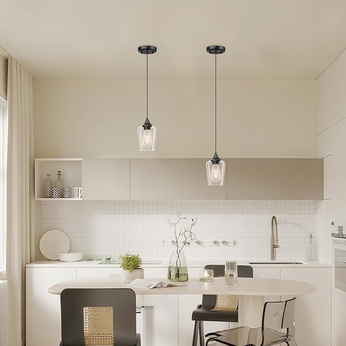 Ralbay Matte Black Industrial Pendant Light 2-Pack, Pendant Light Fixtures with Wine Clear Glass Shade, Adjustable Height for Kitchen Island, Farmhouse Dining Room Hanging Lighting Fixture