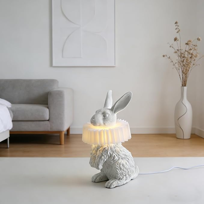 White Rabbit Lamp,Resin Crafted Scarf Bunny Table Lamp Featuring White Pleated PC Lampshade,USB Plug, Energy-Efficient Kids Nightstand Lamp