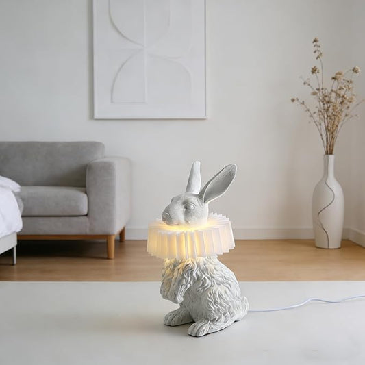 White Rabbit Lamp,Resin Crafted Scarf Bunny Table Lamp Featuring White Pleated PC Lampshade,USB Plug, Energy-Efficient Kids Nightstand Lamp