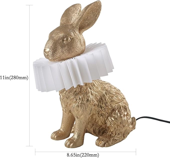 Scarf Rabbit Table Lamp,Resin Crafted Gold Bunny Lamp Featuring White Pleated PC Lampshade,USB Plug,Energy-Efficient Nightstand Lamp (Gold Sitting)