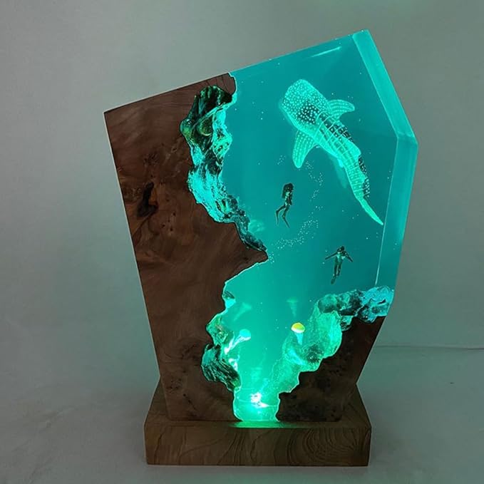 Whale Shark Ocean Resin Lamp, Handmade Wooden Table Resin Night Light, USB Port Art Ornaments for Home Office Decor, Scuba Diver Gifts for Birthday Holiday, Valentine's Day Gifts for Husband