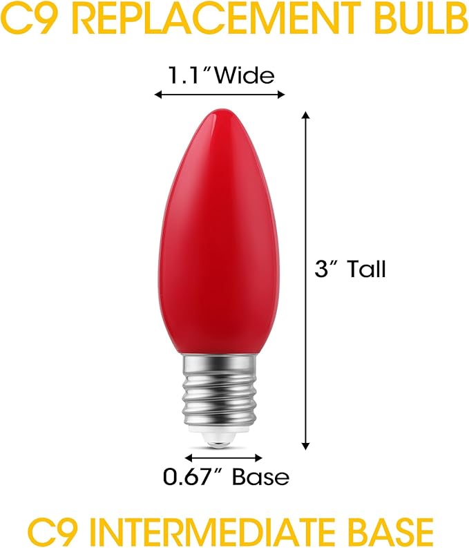 25-Pack Ceramic C9 Christmas Light Bulbs, Red LED Light Bulbs Holiday Decoration, Christmas Decor for Indoor & Outdoor Use, E17/C9 Intermediate Base (Red Smooth)