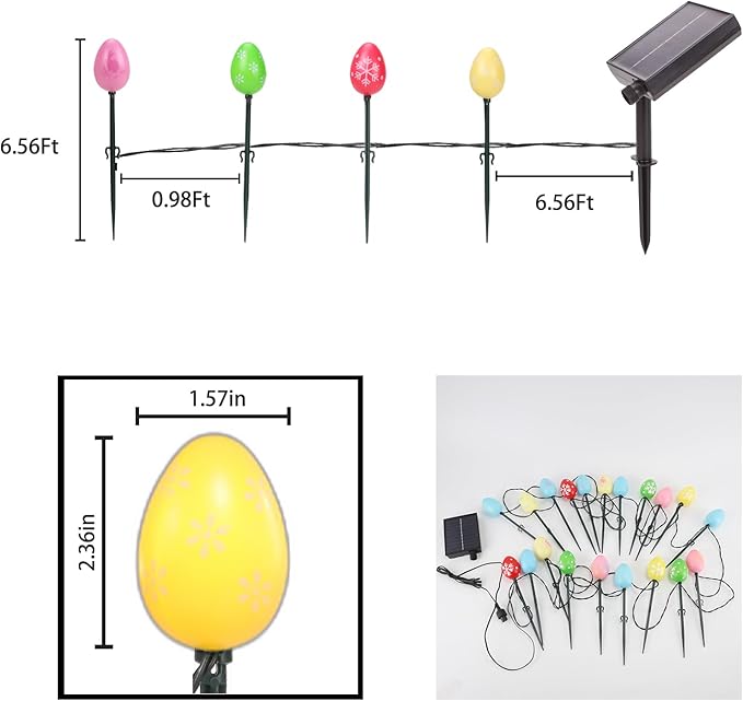 25 FT 20 Packs Easter Eggs Decor String Lights, 8 Modes Colorful Easter Solar Light Outdoor, Waterproof Stake Egg Pathway Light for Garden Patio Lawn Yard