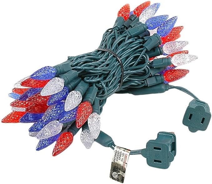 Novelty Lights 24FT 70 LED C6 Outdoor USA String Lights, Commercial Grade Christmas Tree Decorations (Red/White/Blue)