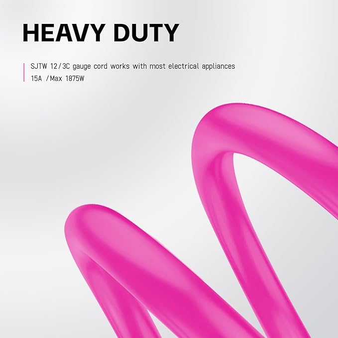 EP 15 Ft Outdoor Extension Cord, 12/3 SJTW Heavy Duty Waterproof Power Cable, 3 Prong Grounded Plug, Lighted End, for Lawn, Garden, Appliances, Pink