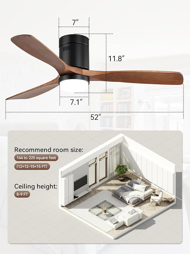 Sofucor 52 Inch Ceiling Fan with Lights and Remote, Flush Mount Low Profile Wood Ceiling Fan for Indoor Farmhouse Bedroom Living Room Outdoor Patio Porch, 3 Blades, Reversible DC Motor, Brown