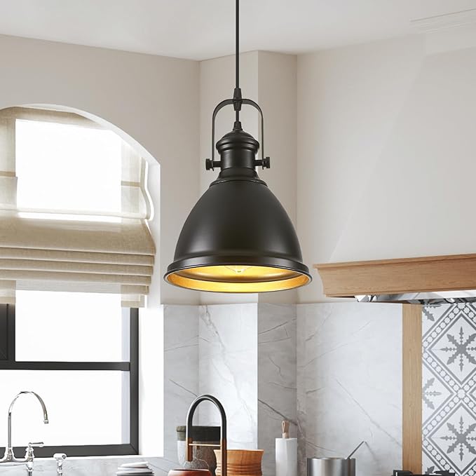 Farmhouse Pendant Lights Kitchen Island, 8.6 inches Matte Black Pendant Light Fixtures, Industrial Kitchen Pendant Lighting, Modern Hanging Light Fixture for Kitchen Sink Dining Room, 2 Pack