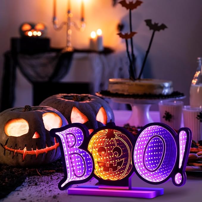 MEETYAMOR Halloween Decorations Indoor, BOO Pumpkin Infinity Mirror Tunnel Light for Halloween Decor, Night Lights with Endless Extension for Home Living Room Bedroom Mantel Table Centerpiece Lamp
