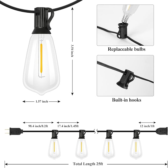 Brightever Outdoor String Lights, 25FT Patio Lights with 13 ST38 LED Edison Bulbs (1 Spare), Waterproof Connectable String Lights for Outside, Dimmable Hanging Light for Backyard Porch Decor, Black