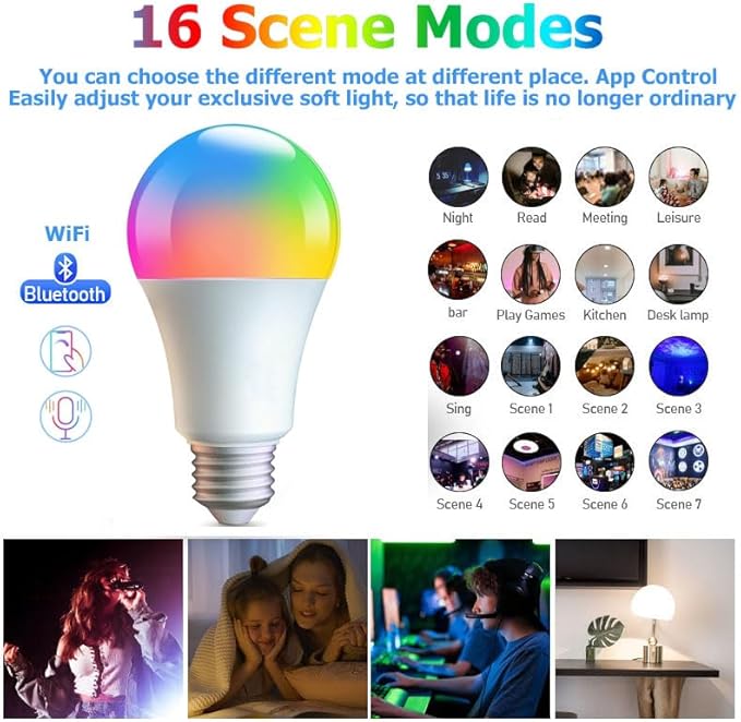 Smart Light Bulbs,WiFi & Bluetooth LED Light Bulb That Compatible with Alexa & Google Home, Color Changing Light Bulb, 10W A19 E26 2.4Ghz WiFi Light Bulbs 60 watt Equivalent, 800lm Dimmable