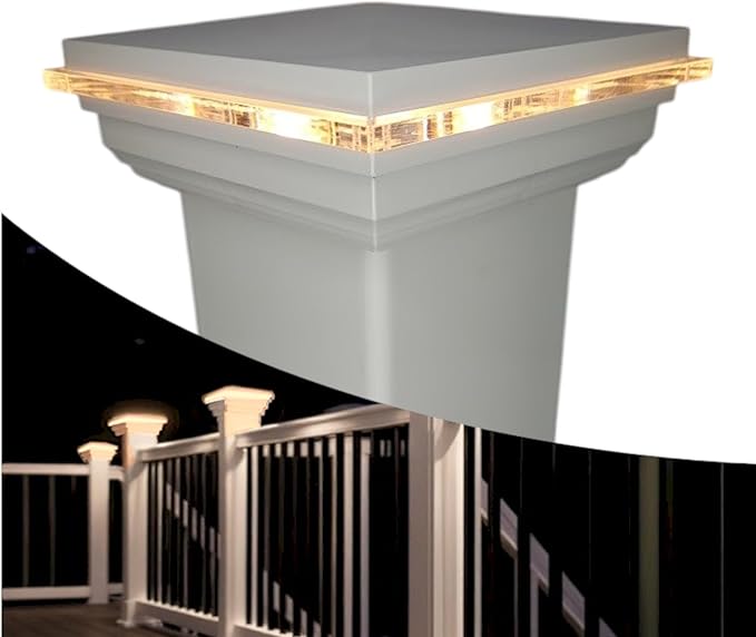 DekLights® Pro Line LED Lighted Post Cap for 4x4 Deck/Fence Posts. Wired 12volt Low Voltage with Replaceable Light Bulb. for Vinyl or Composite railings. Made in USA (White Glass Edge Upgrade 3000k)