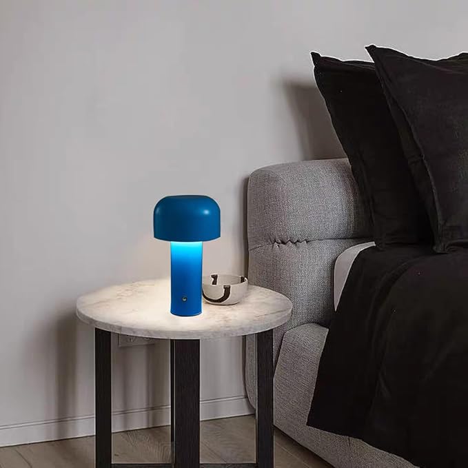Small Table Lamp Mushroom Table Lamp USB Charging Three Color Poleless Dimming Night Lamp Creative Touch Decorative Lamp (Blue)