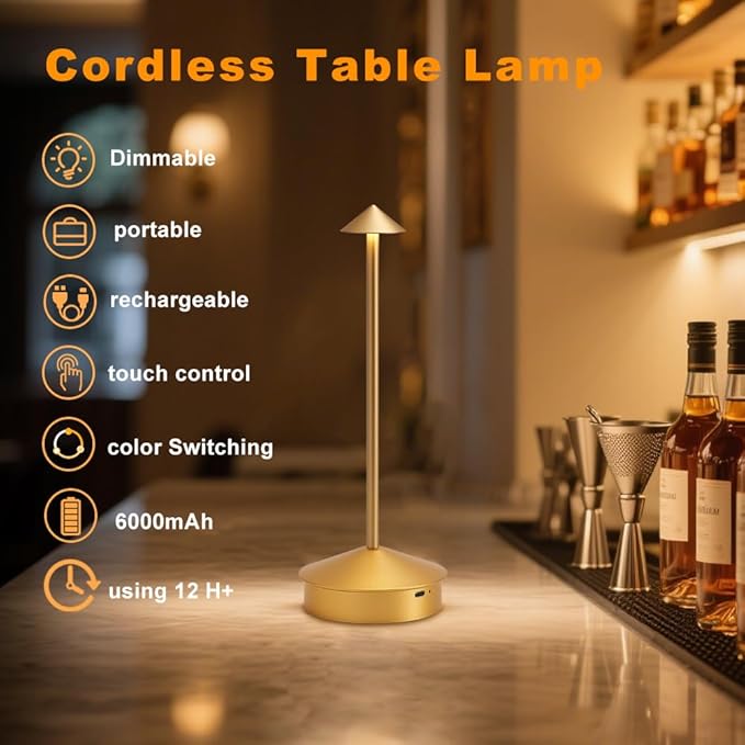 2 Pack Aluminum Cordless Table Lamp, 6000mAh Rechargeable Table Lamps, Portable Touch LED Lamp, Outdoor Waterproof Dimmable Cordless Rechargeable Table Lamps for Restaurant/Patio- Black (Gold)