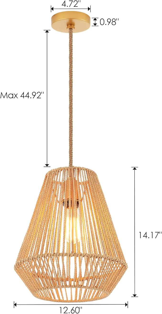 Woven Pendant Lights Hanging Lamp with 12" Hand Rattan Basket Shade Antique Brass Brush Paint Finish for Kitchen Island Farmhouse Dining Room Bar Bedroom Foyer Hallway