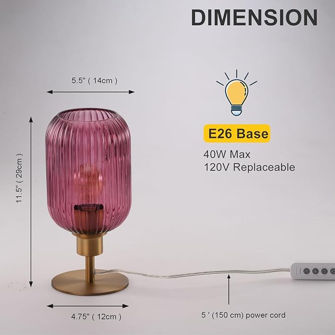 Mid Century Glass Table Lamp,Dimmable Desk Lamp,LED Bulb Included,Timer Build-in,Purple Ribbed Glass