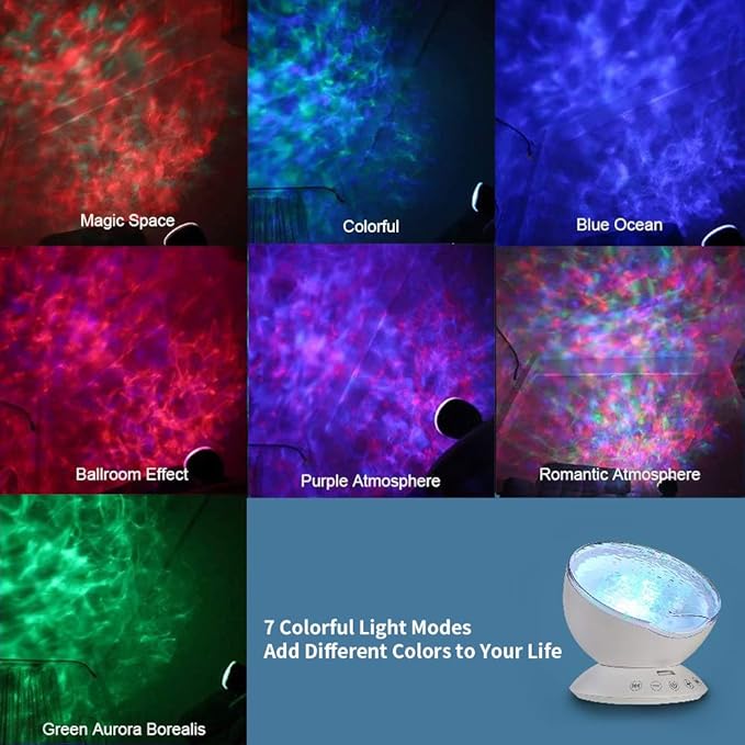 TOMNEW Ocean Wave Projector Sound Machine, Night Light Projector with Remote Control Timer 8 Colors LED Lighting Modes Water Lamp for Kids Adults Bedroom Living Room Party Decorations Gift (White)