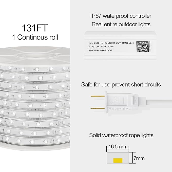 131ft Outdoor LED Strip Lights Waterproof,RGB LED Rope Lights Outdoor Waterproof Color Changing APP Remote Control Music Sync,36LED/m Flexible Rope Lights for Outside Camper Pool Deck Christmas