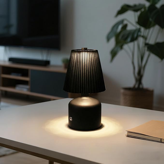 Small Cordless Table Lamp Rechargeable Desk Lamp, 3 Color Stepless Dimming, Metal Base Pleated Table Lamp for Bedside, Bedroom, Dining Room, Living Room (Black)