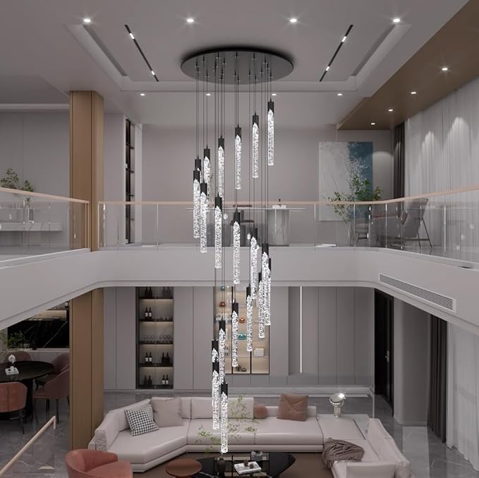 Flashing God Black 20 Lights High Ceiling Chandelier Modern Dimmable Light Fixtures Foyer Chandeliers Pendant Lighting Crystal Ceiling Chandelier Fixtures for Villa Staircase Hallway 11.5feet Long