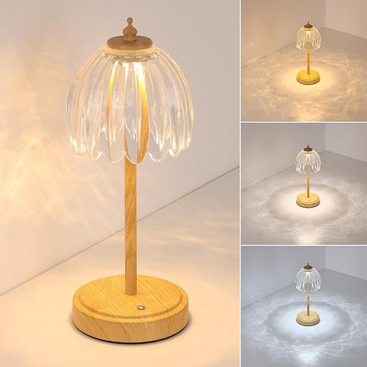 Tulip Table Lamp with 5200mAh Battery & Touch Control, Small Cordless Table Lamp with 3 Colors, Rechargeable Battery Operated Table Lamps for Bedroom, Desk, Bedside (Transparent-Beech Color)