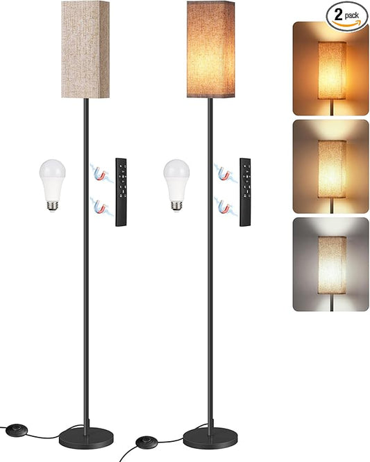 2Pack 64.2” Dimmable Floor Lamp for Living Room with Remote & Foot Switch, Corner Floor Lamp for Bedroom, Includes A19 Bulb, Modern Standing Tall Lamp, ETL Listed Beige and Black E17LDP205