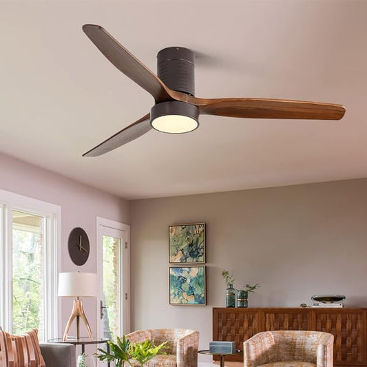 52 Inch Flush Mount Wood Ceiling Fans with Lights Remote Control, Dimmable LED Noiseless Reversible DC Motor,Solid Wood 3 Blade Brown Body