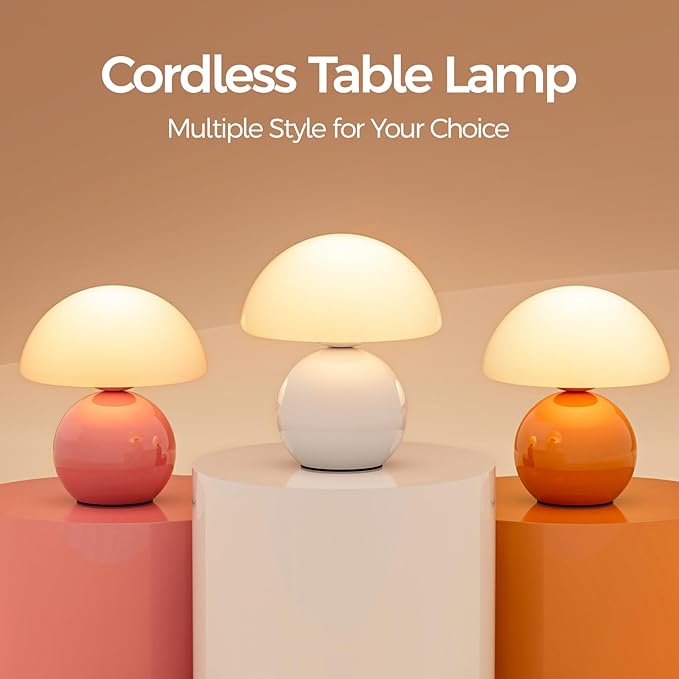 NIORSUN Wireless Mushroom Lamp Set of 2,Table Lamp for Bedroom, Portables Cordless Lamps,Wireless Light,Bedside Table Lamp for Living Room,Mini Mushroom 5200mAh Battery Operated Lamps Modern (White)