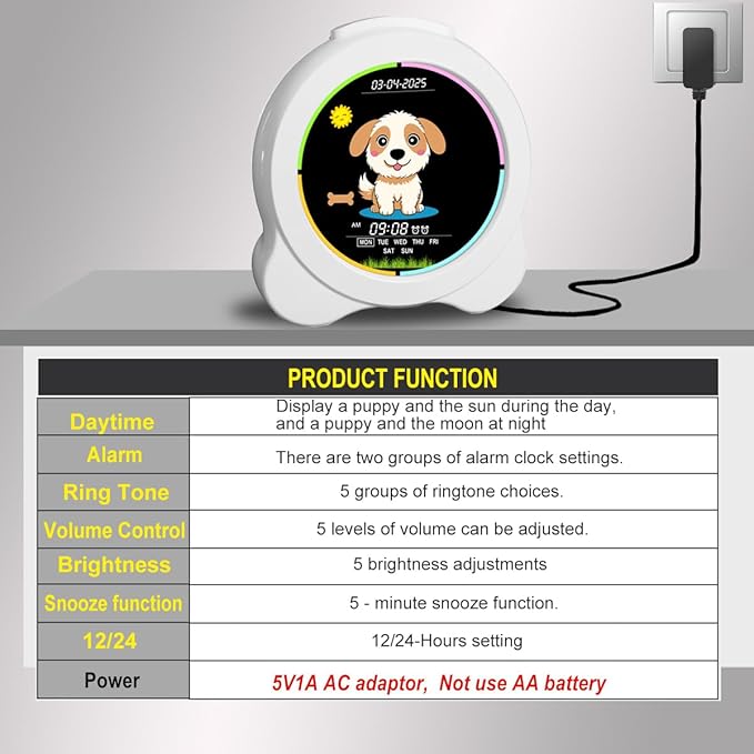 Kids Alarm Clock Sun & Moon& Dog LED Display with Day & Date OK to Wake Clock with Night Light for Kids Children's Sleep Trainer Gift for Boy and Girls