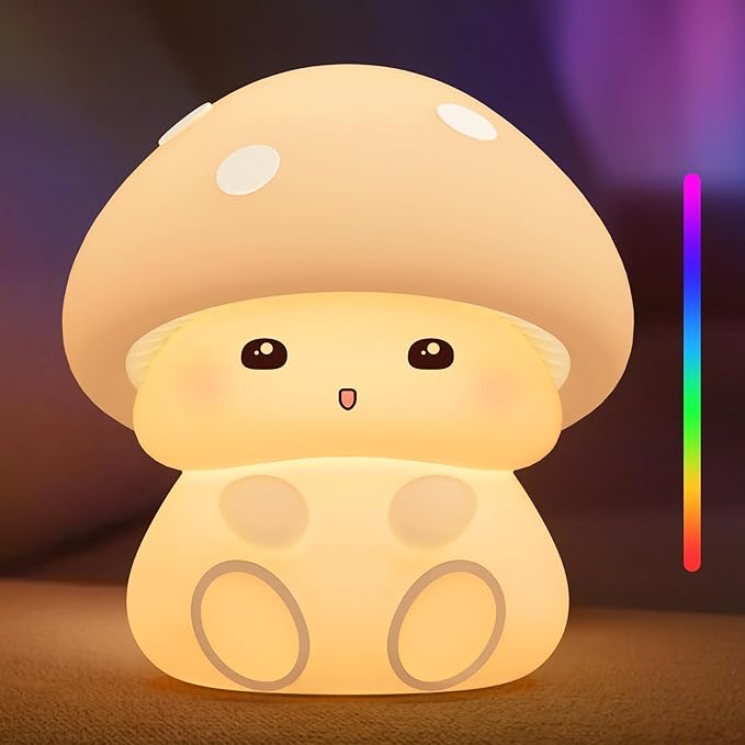 Mushroom Night Light, White Silicone Night Lamp, Touch Control with 30/60 min Dimmble, 3 Brightness Levels, 7 Color Changing, LED Night Lights, USB-C Rechargeable, Gifts for Girls Boys