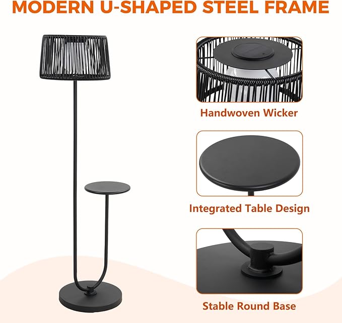 Solar Yard Outdoor Floor Lamp with Side Table, U-Shaped Modern Metal Outdoor Lamp, 3000K Warm White, IP56 Waterproof, Patio Garden Deck Balcony Coffee Table Light, Black