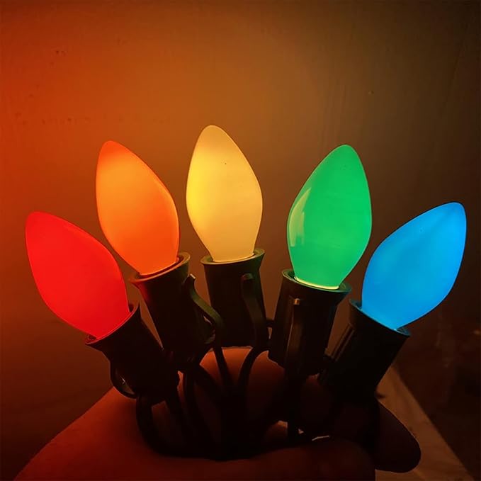 25 Pack Christmas Light Bulbs, C7 Ceramic Multi-Color Replacement Bulbs, C7 Outdoor String Lights Replacement Bulbs, C7/E12 Candelabra Base, 5 Watt