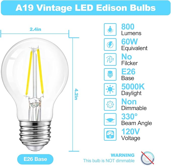 dalattin A19 Vintage LED Edison Bulbs, 60W Equivalent Light Bulbs, 5000K Daylight White, Clear Glass Filament Bulb, Efficient 8W, E26 Base, 800 LM, CRI80+, Non-Dimmable for Home, Farmhouse, 4 Pack