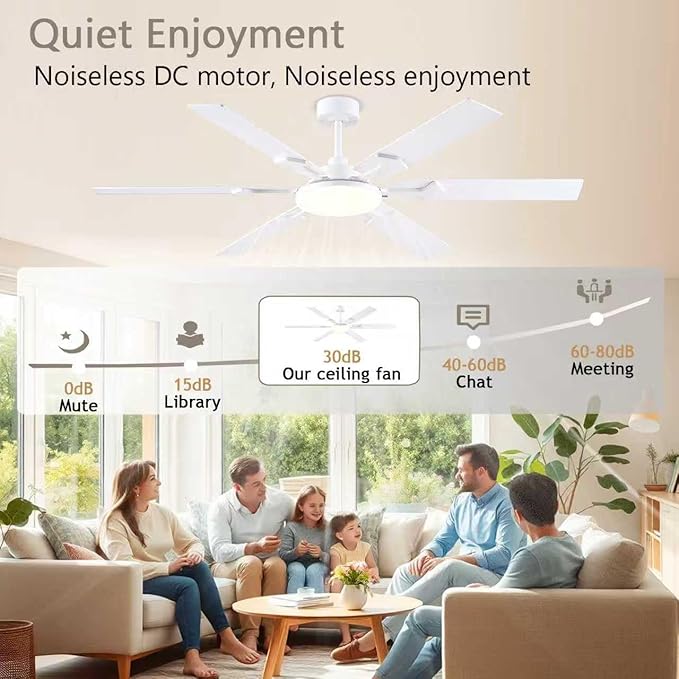 66 Inch White Ceiling Fans with Lights, Modern Large Ceiling Fan with Remote & APP Control, Reversible DC Motor, 6 Double-Sided Blades, 6 Speeds, Silent, Timer, for Living Room Indoor Outdoor