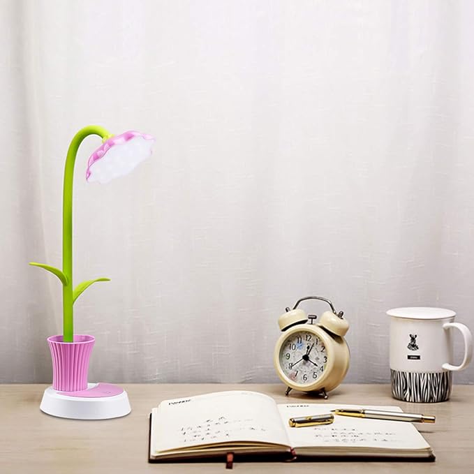 Desk Lamp for Kids Sunflower LED Charging Table Lamp Support Eye Protection Small Desk Folding for Reading,Study and Office, Adjustable Brightness - Pink